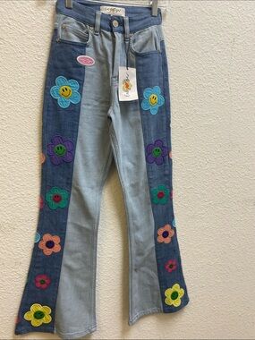 Floral Patch Bootcut Jeans - Light & Dark Blue